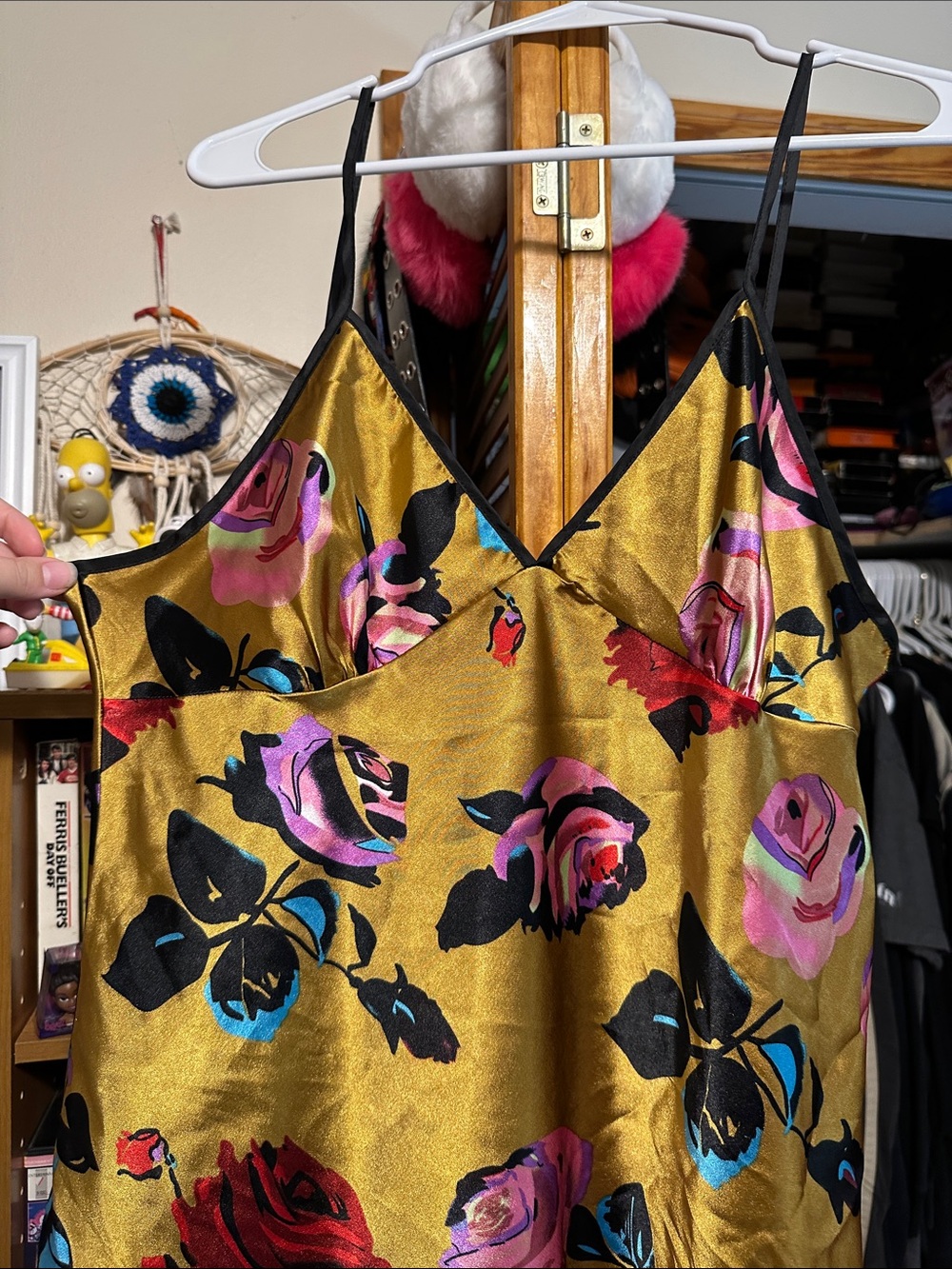 Gold Satin Floral Slip Dress with Pink & Red Roses - Picture 2 of 3
